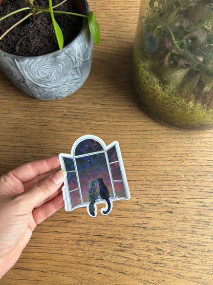 🌙 Sticker Holographique – Deux Chats à la Fenêtre au Crépuscule