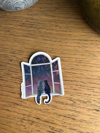 🌙 Sticker Holographique – Deux Chats à la Fenêtre au Crépuscule