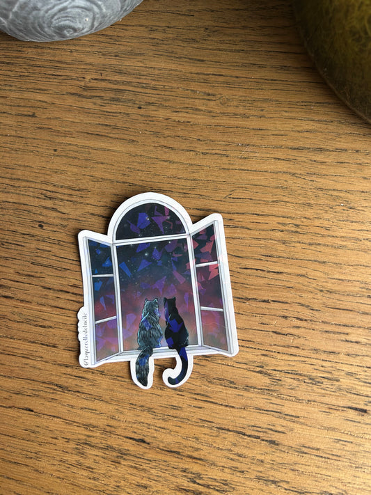 🌙 Sticker Holographique – Deux Chats à la Fenêtre au Crépuscule