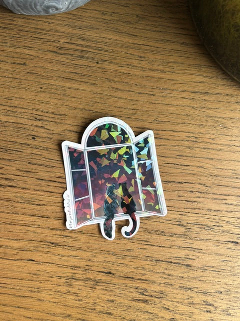 🌙 Sticker Holographique – Deux Chats à la Fenêtre au Crépuscule