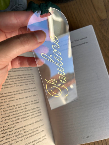 ✨ Marque-pages personnalisables – Gravure dorée & nœud en popeline de soie