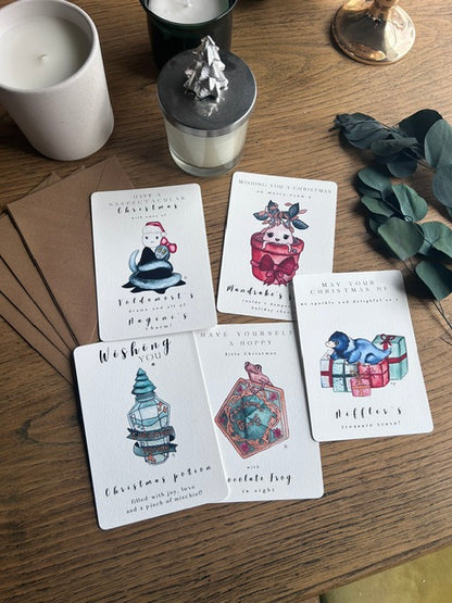 Lot de 5 cartes postales de Noël Harry Potter – Aquarelles FineArt pour un Noël magique