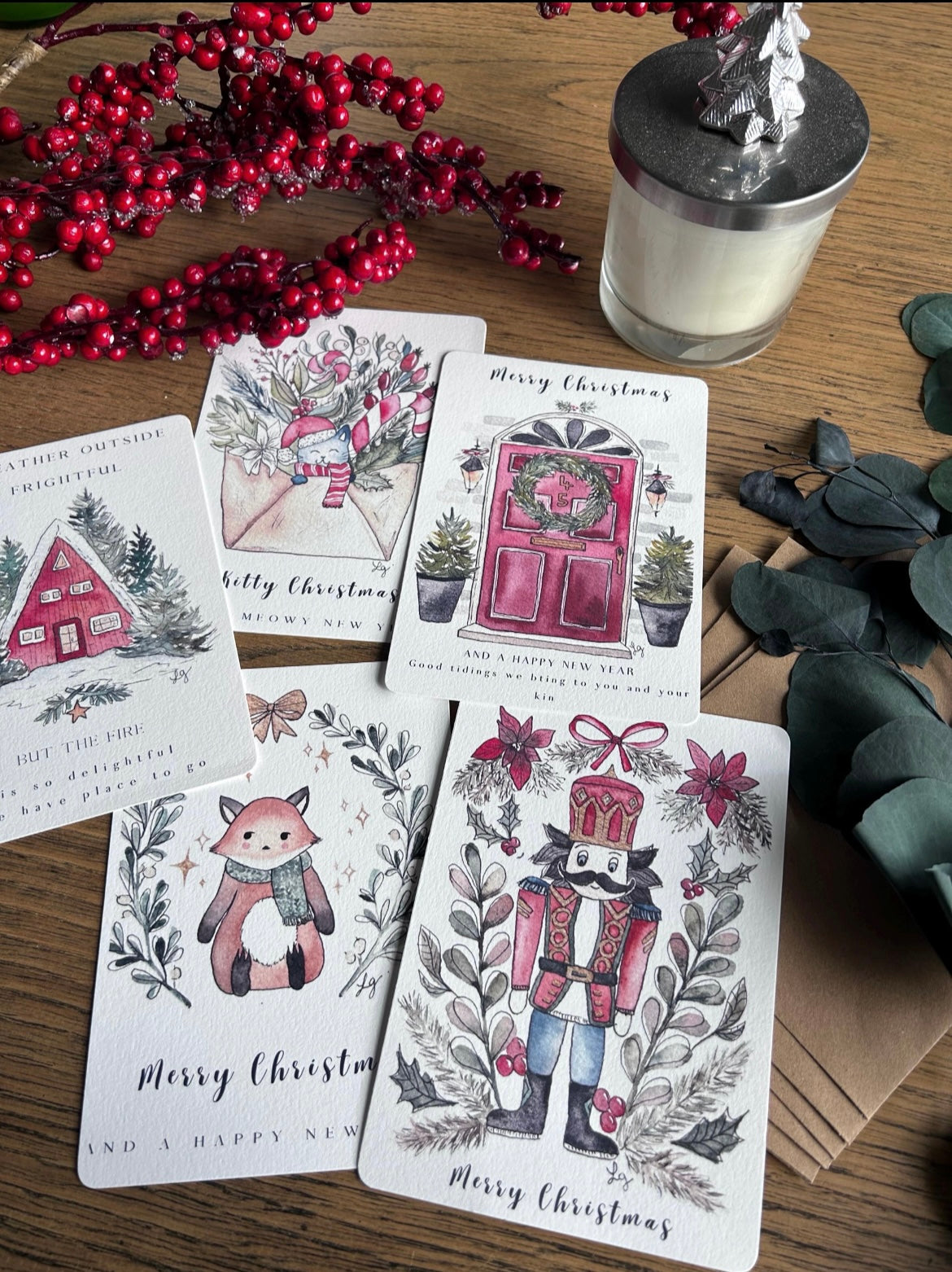 Lot de 5 cartes postales de Noël cocooning – Aquarelles FineArt pour des fêtes douces et féeriques