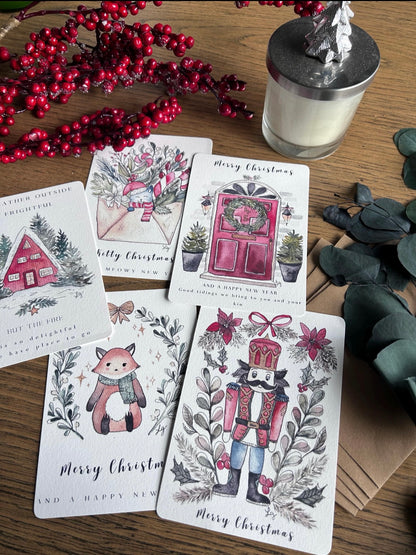 Lot de 5 cartes postales de Noël cocooning – Aquarelles FineArt pour des fêtes douces et féeriques